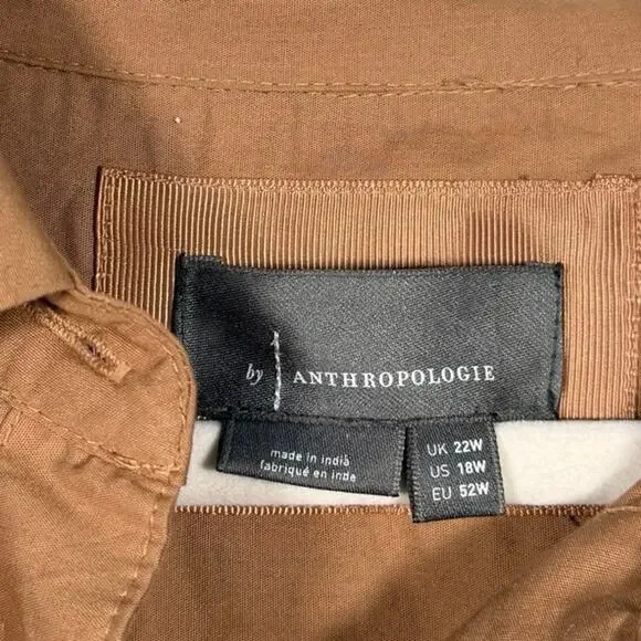 Anthropologie Printed Poplin Shirtdress 18 Tan Floral Line Art Midi Dress - Picture 9 of 9